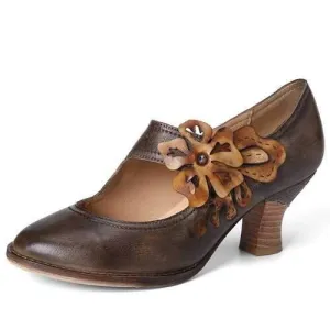 Retro Withered Floral Leather Pumps