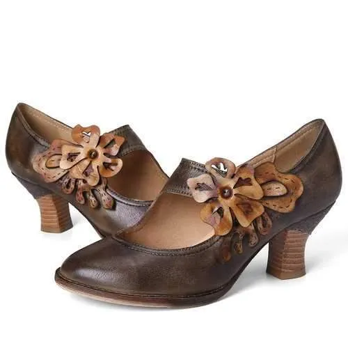 Retro Withered Floral Leather Pumps