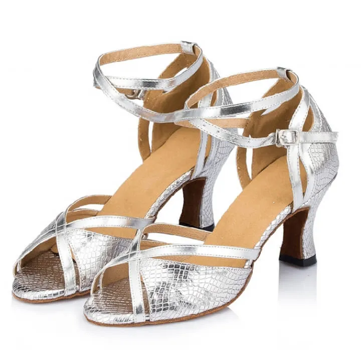 Silver Snakeskin Print Ballroom Latin Salsa Bachata Dance Shoes