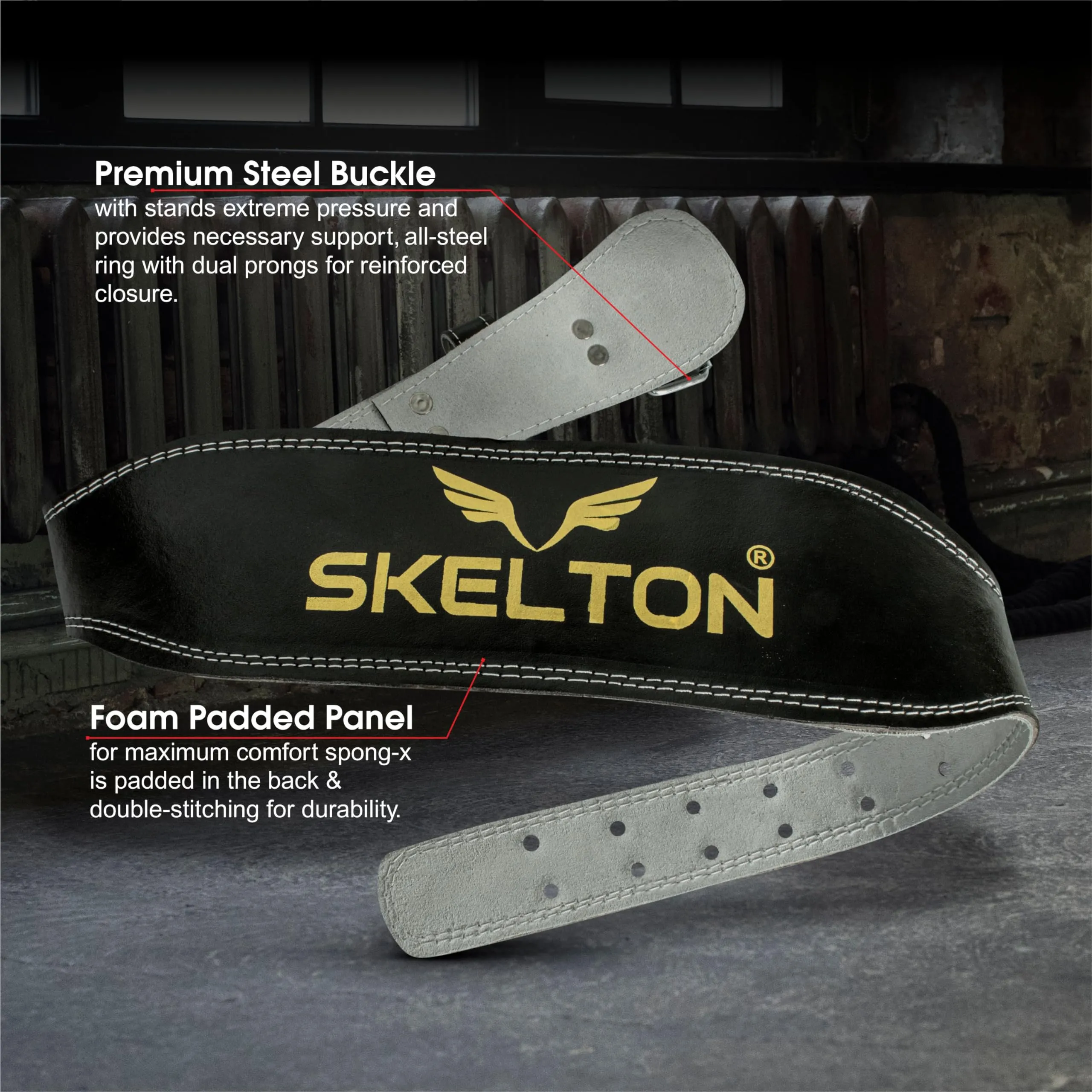 Skelton Weight Lifting Gym Belt-XL | Leather Gym Belt for Workout with Padded Back Support | Dead Lift Belt | (XL, Black)