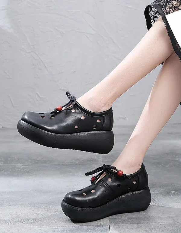 Spring Trendy Handmade Leather Hollow Wedge Shoes