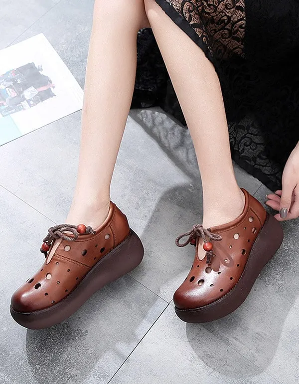 Spring Trendy Handmade Leather Hollow Wedge Shoes