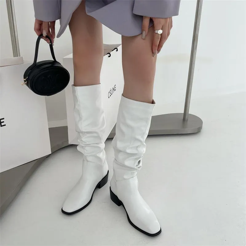 Square Toe Pleated Chunky Heeled Boots