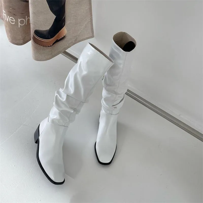 Square Toe Pleated Chunky Heeled Boots