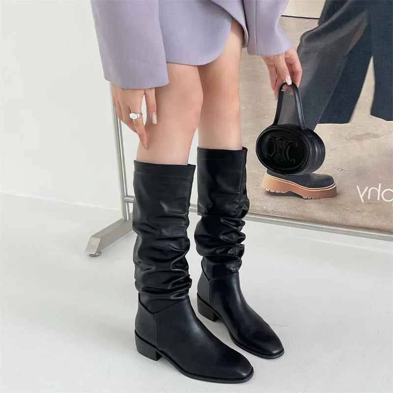 Square Toe Pleated Chunky Heeled Boots