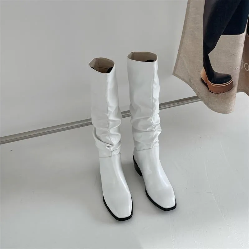 Square Toe Pleated Chunky Heeled Boots