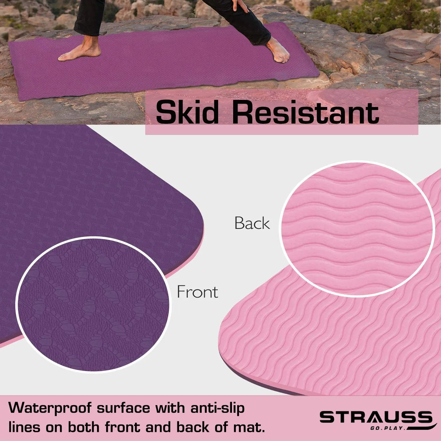 Strauss TPE Eco Friendly Dual Layer Yoga Mat, 6 mm (Pink) and Yoga Mat Strap, (Purple)