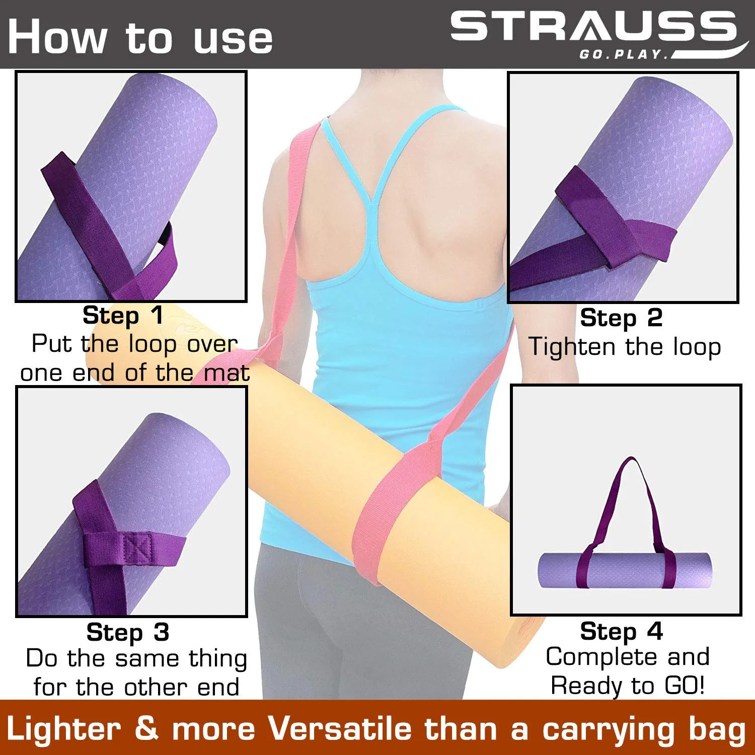 Strauss TPE Eco Friendly Dual Layer Yoga Mat, 6 mm (Pink) and Yoga Mat Strap, (Purple)