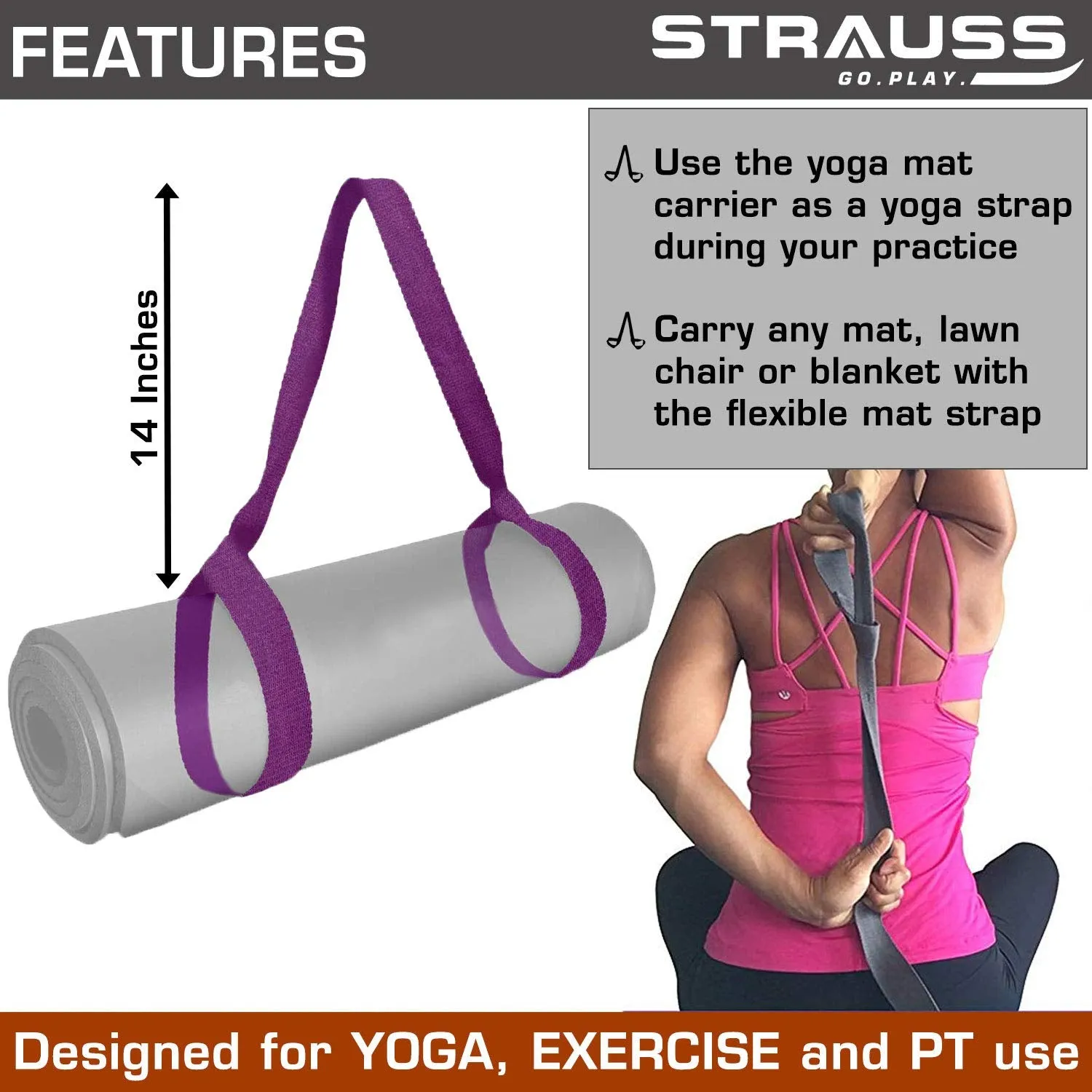 Strauss TPE Eco Friendly Dual Layer Yoga Mat, 6 mm (Pink) and Yoga Mat Strap, (Purple)