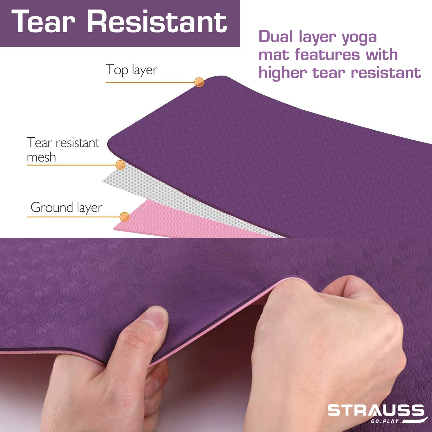 Strauss TPE Eco Friendly Dual Layer Yoga Mat, 6 mm (Pink) and Yoga Mat Strap, (Purple)