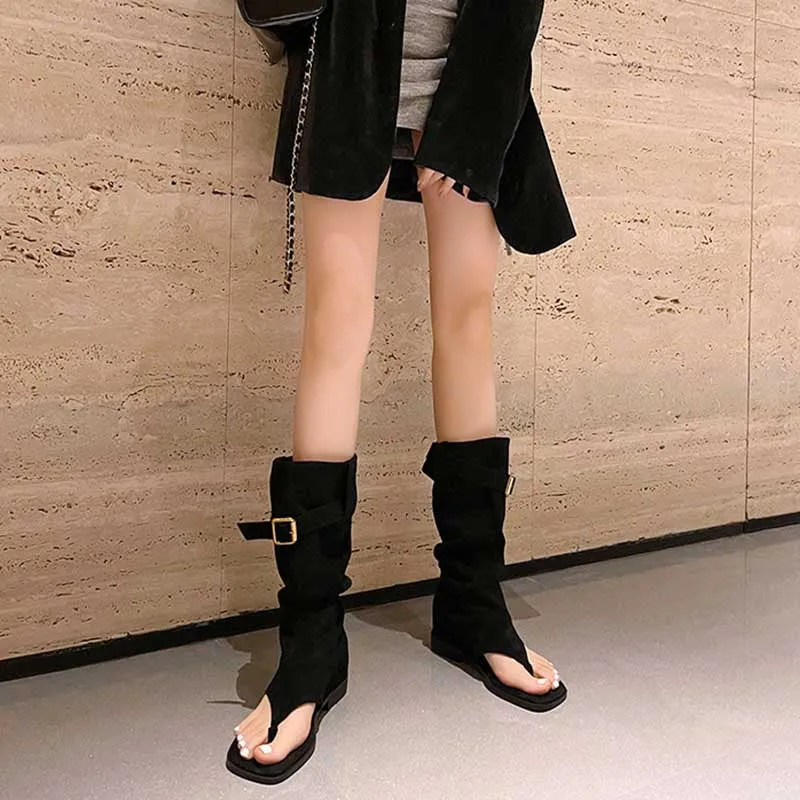 Suede Buckle Toe-Thongs High Heel Boots