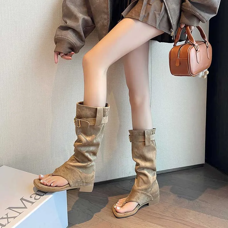 Suede Buckle Toe-Thongs High Heel Boots