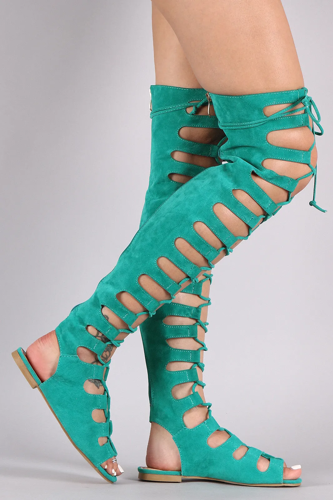 Suede Cutout Lace Up Boot Sandal