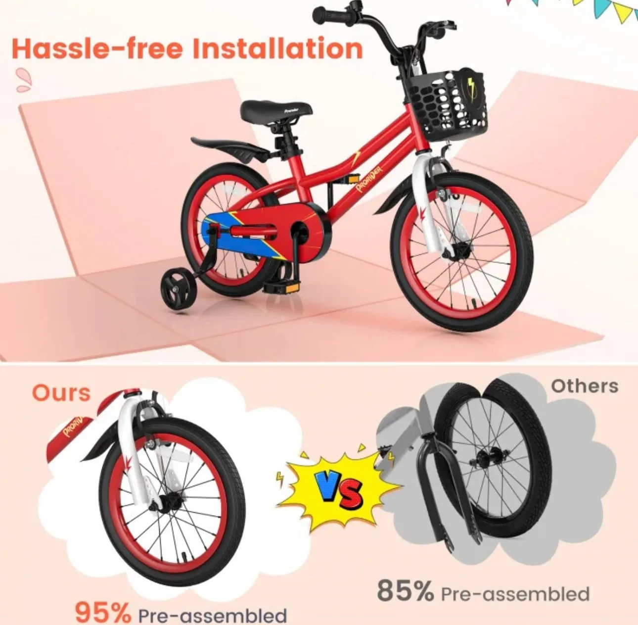 Super Cool Safe 16” Inch Kids Bicycle With Removable Training Wheels Ages 4-7 | Comes 95% Assembled | Bell | Seat Cover | Basket | Enclosed Chain