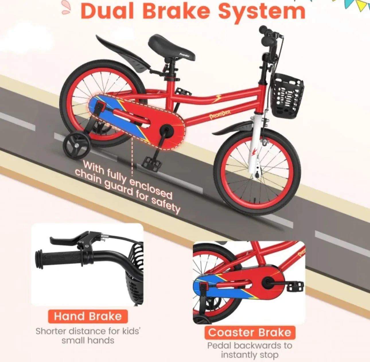 Super Cool Safe 16” Inch Kids Bicycle With Removable Training Wheels Ages 4-7 | Comes 95% Assembled | Bell | Seat Cover | Basket | Enclosed Chain