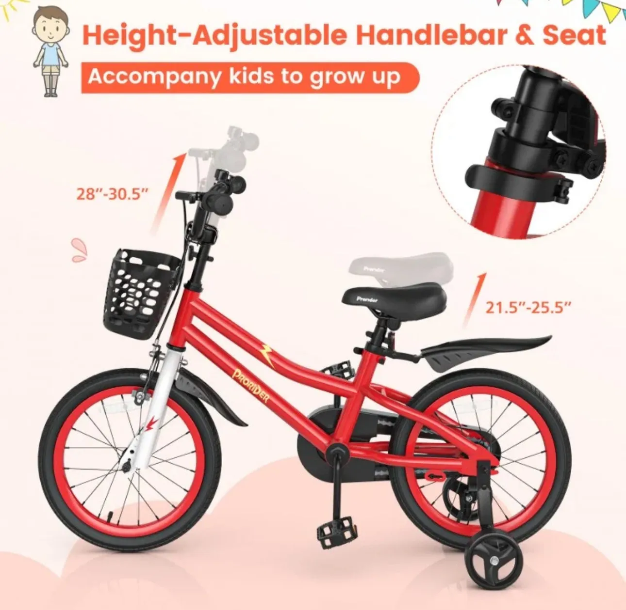 Super Cool Safe 16” Inch Kids Bicycle With Removable Training Wheels Ages 4-7 | Comes 95% Assembled | Bell | Seat Cover | Basket | Enclosed Chain