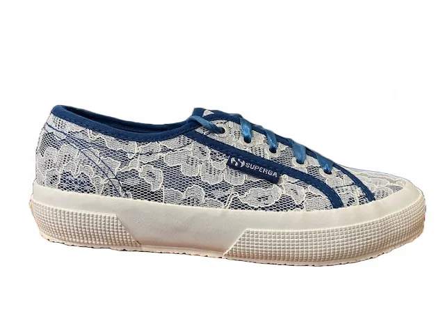 Superga 2750 synleacew sneakers in tela e pizzo S00C420 918 blu deep sea-white lace