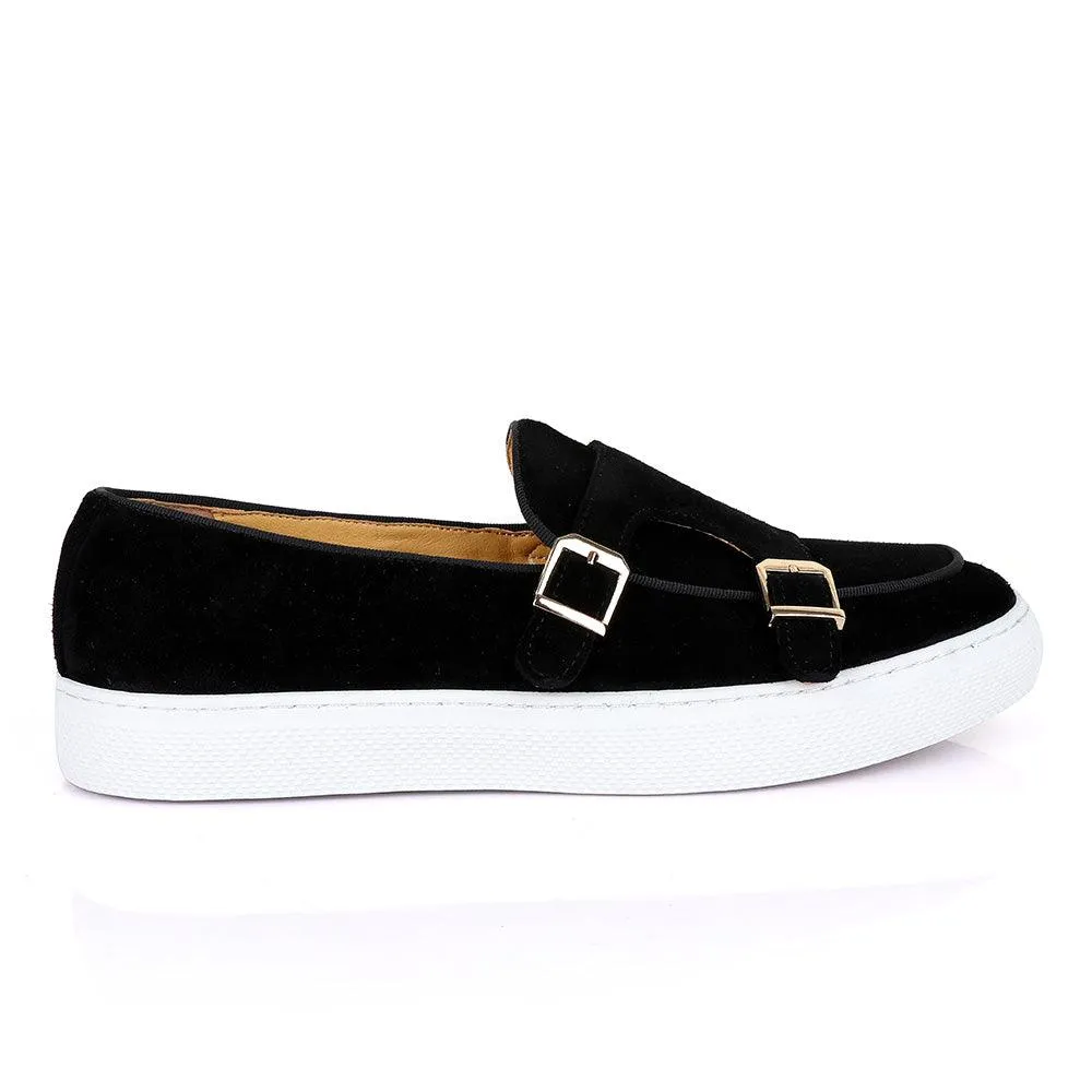 Terry Taylors Monk Double Strap Black Suede Sneaker Shoe