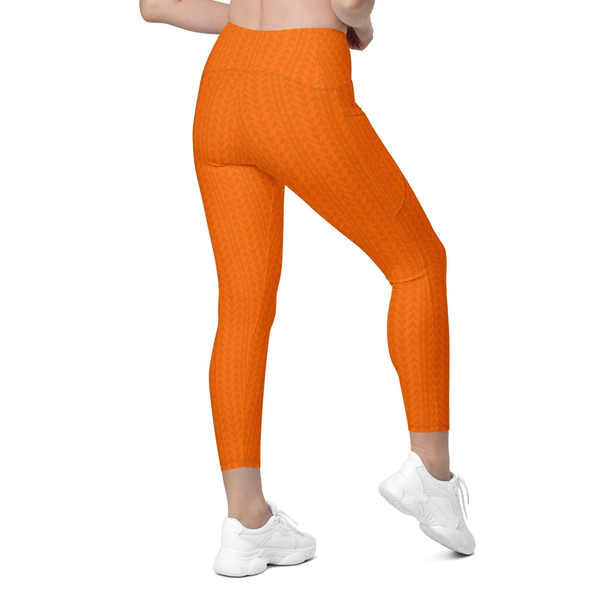 Tiger Orange High Waisted Crossover Leggings with Pockets