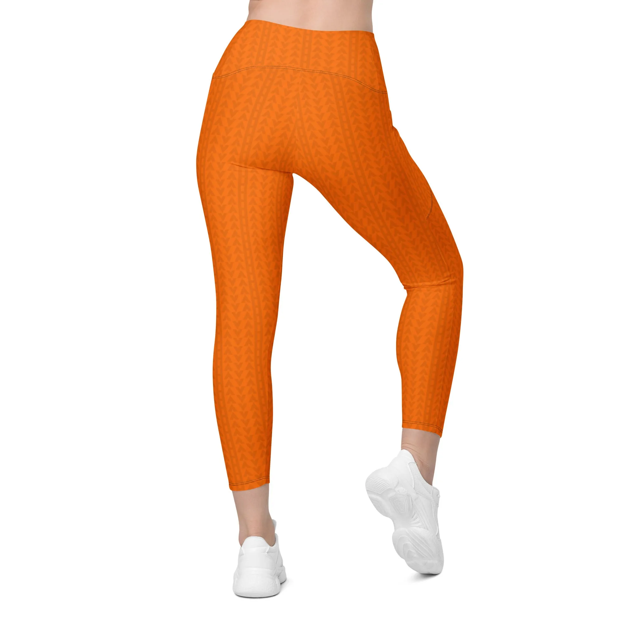 Tiger Orange High Waisted Crossover Leggings with Pockets