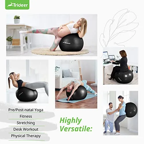 Trideer Extra Thick Yoga Ball Exercise Ball, 5 Sizes Ball Chair, Heavy Duty Swiss Ball for Balance, Stability, Pregnancy, Physical Therapy, Quick Pump Included (Black, S (38-45cm))