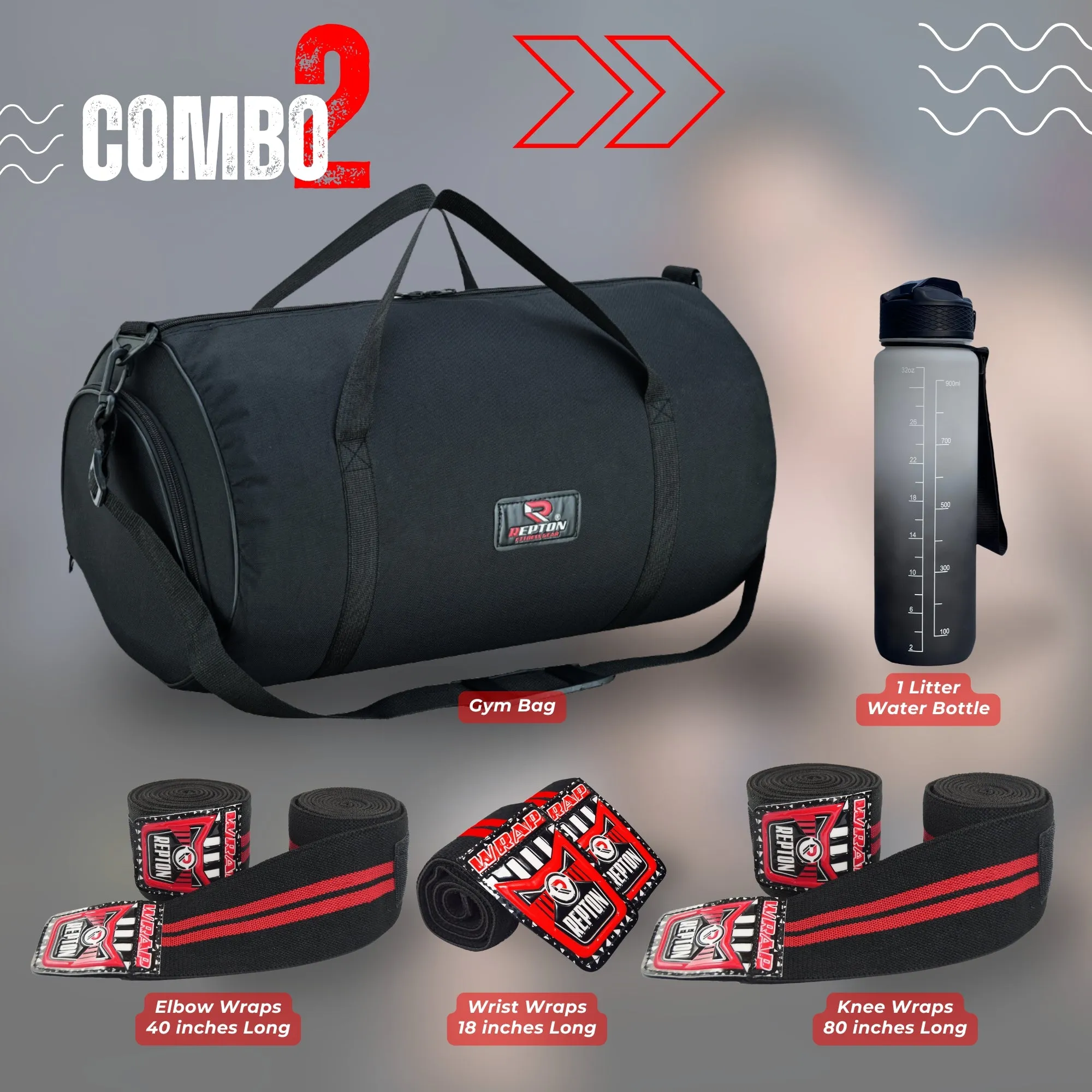 Ultimate Gym Essentials Kit – Duffle Bag, Wrist Wraps, Elbow Wraps, Knee Wraps & Water Bottle