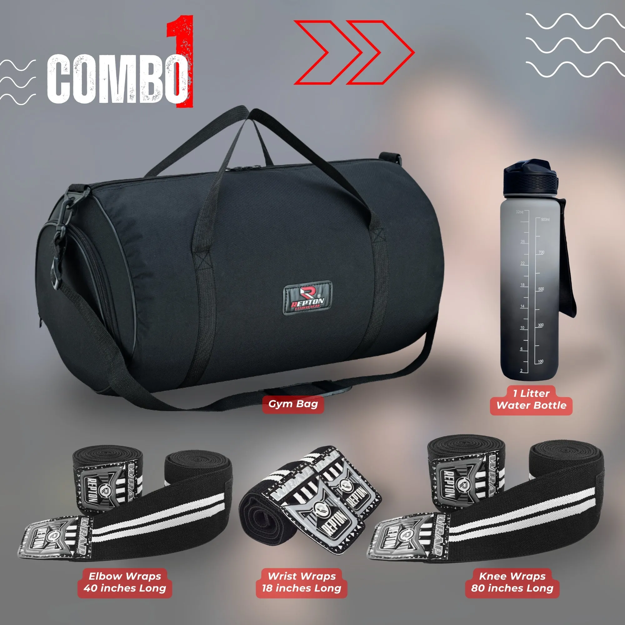 Ultimate Gym Essentials Kit – Duffle Bag, Wrist Wraps, Elbow Wraps, Knee Wraps & Water Bottle