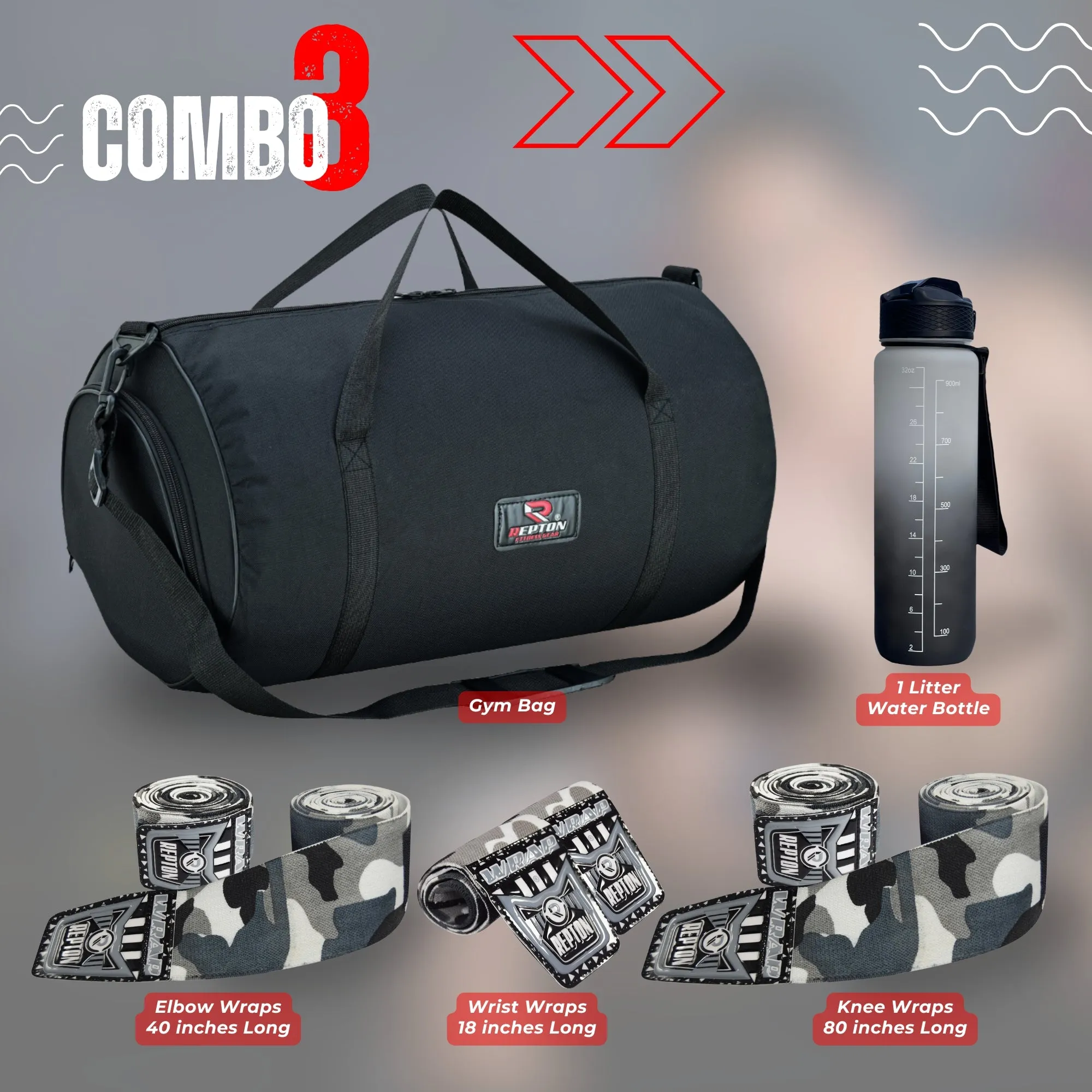 Ultimate Gym Essentials Kit – Duffle Bag, Wrist Wraps, Elbow Wraps, Knee Wraps & Water Bottle