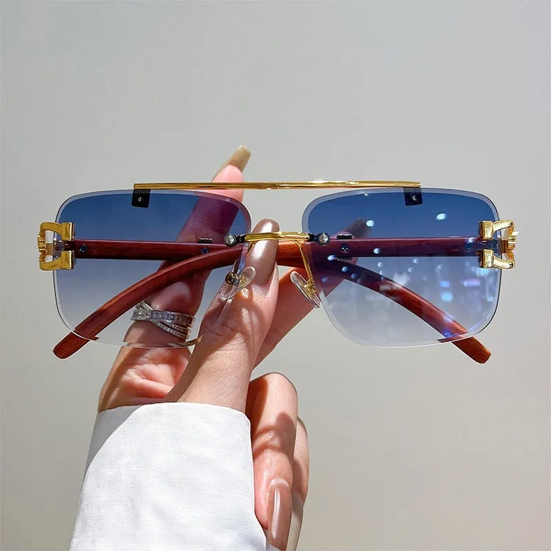 Unisex Oversized Rimless Gradient Double Bridge Retro Sunglasses