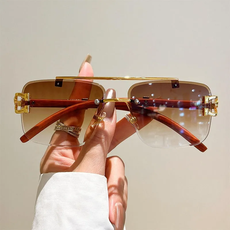 Unisex Oversized Rimless Gradient Double Bridge Retro Sunglasses