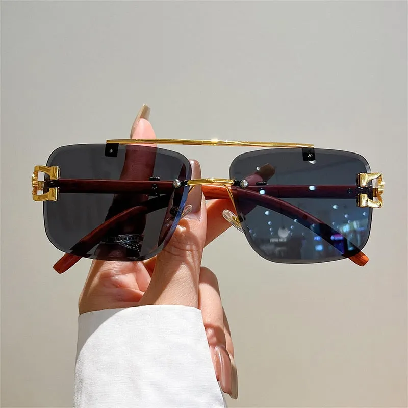 Unisex Oversized Rimless Gradient Double Bridge Retro Sunglasses