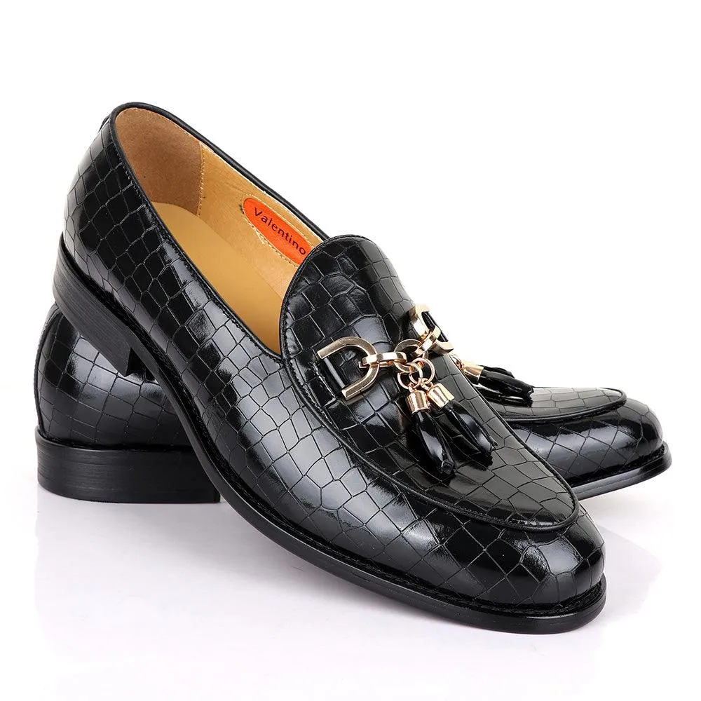 Valentino Classic Croc Chain Tassel Black Leather Shoe