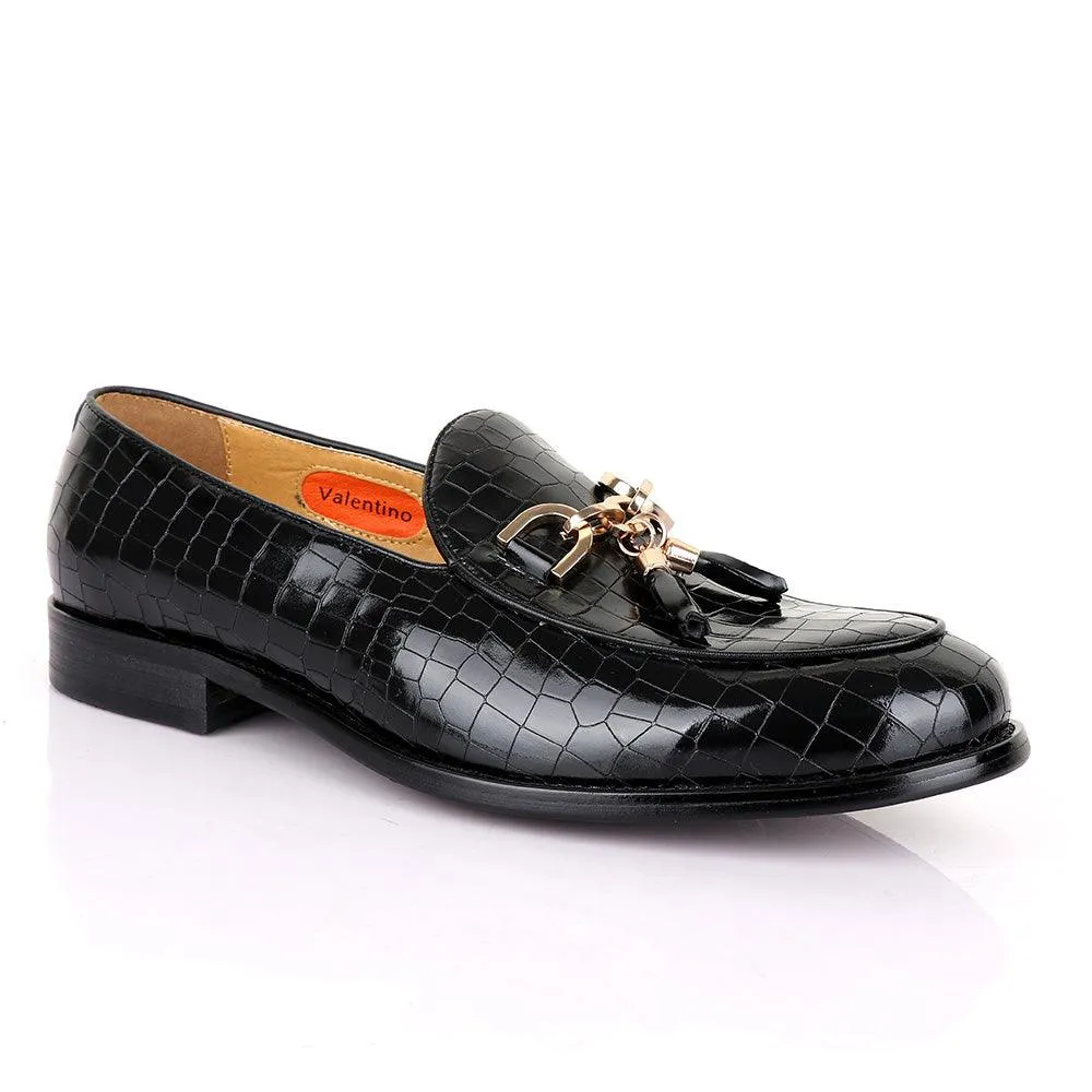 Valentino Classic Croc Chain Tassel Black Leather Shoe