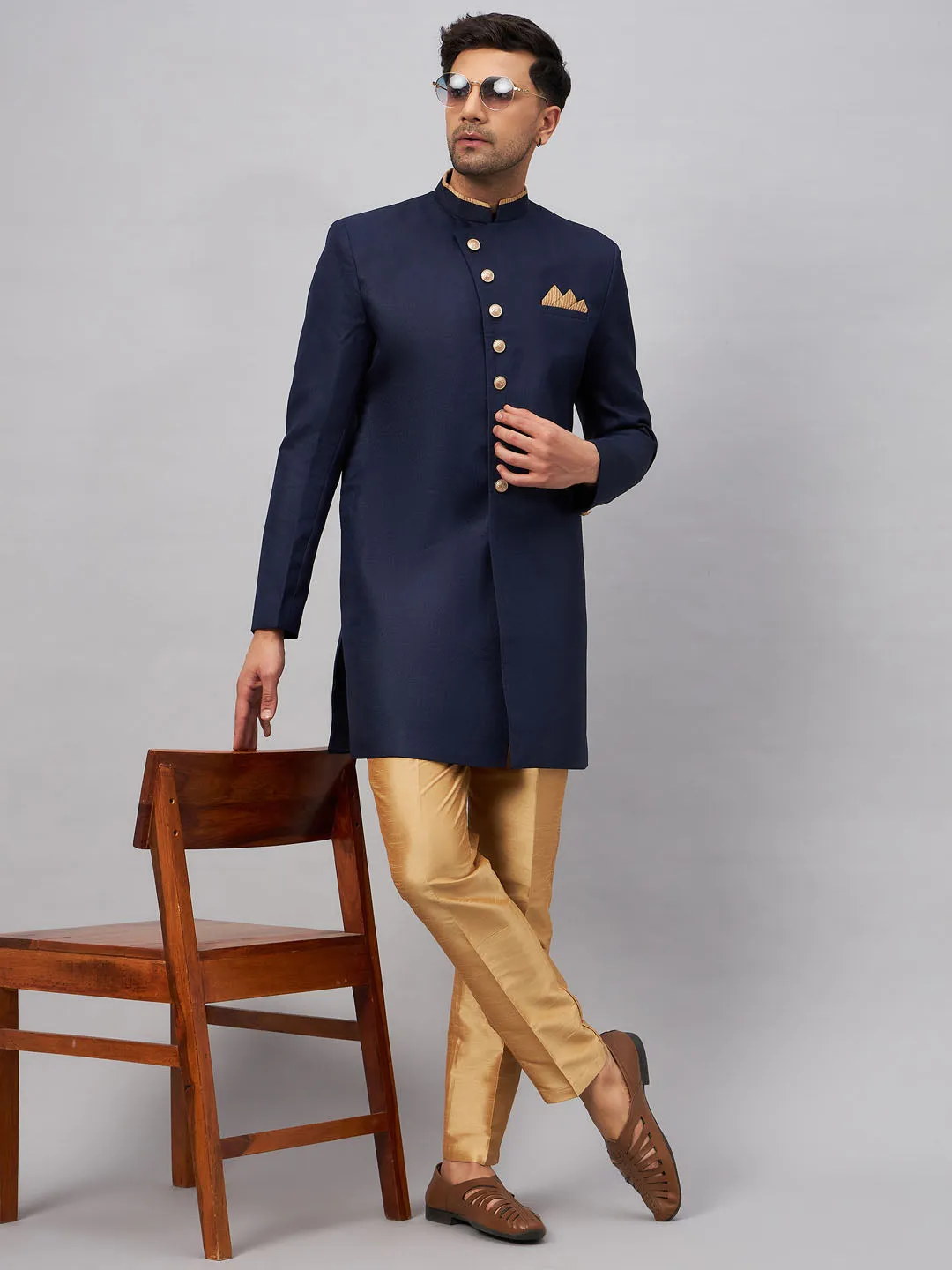 VASTRAMAY Navy Blue Indo Western Set