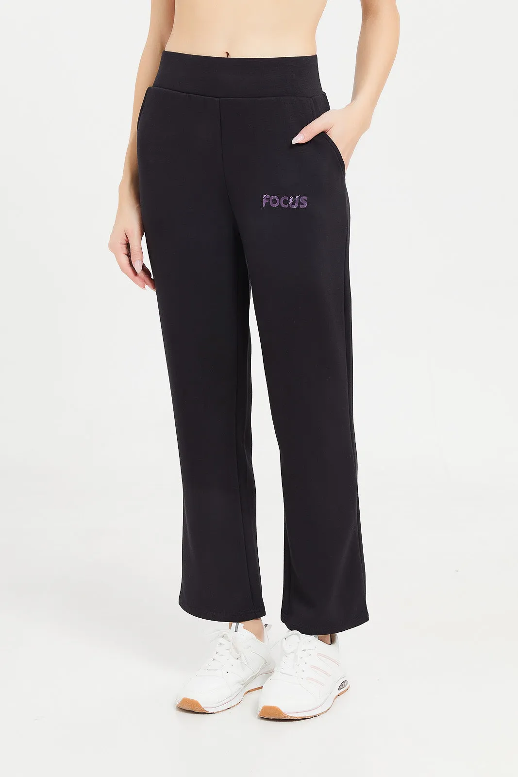 Women Black Active Pant With Pocket