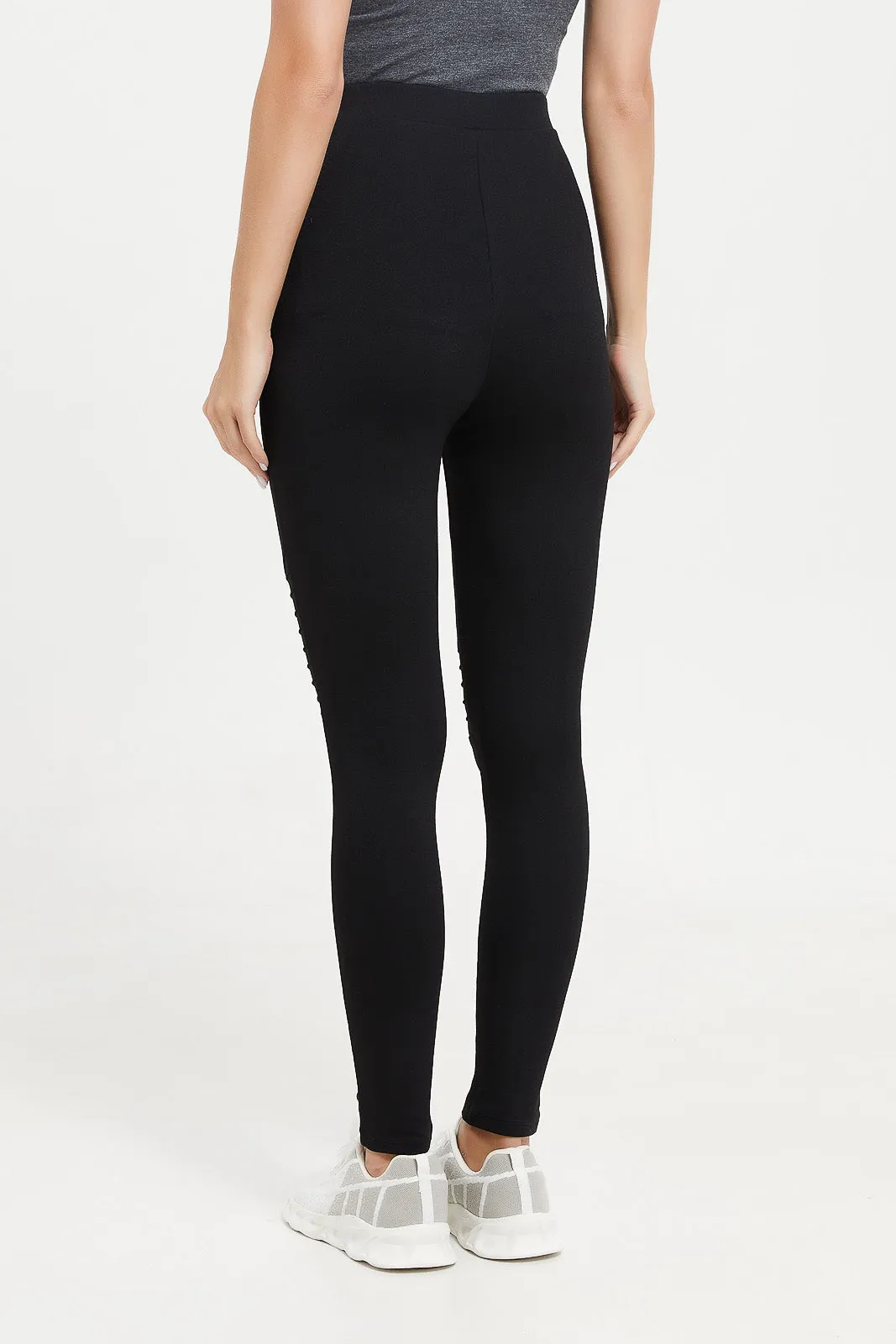 Women Black Ponte Legging With Biker Details