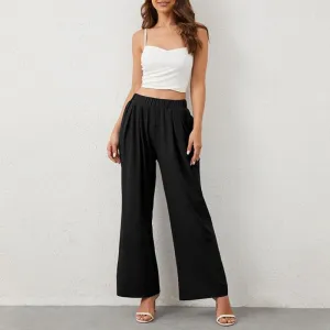 Women'S Mid-High Waist Elastic Wide Leg Trousers Casual Yoga Comfor Pants in Gray or Black with Pockets Womenswear Bottom