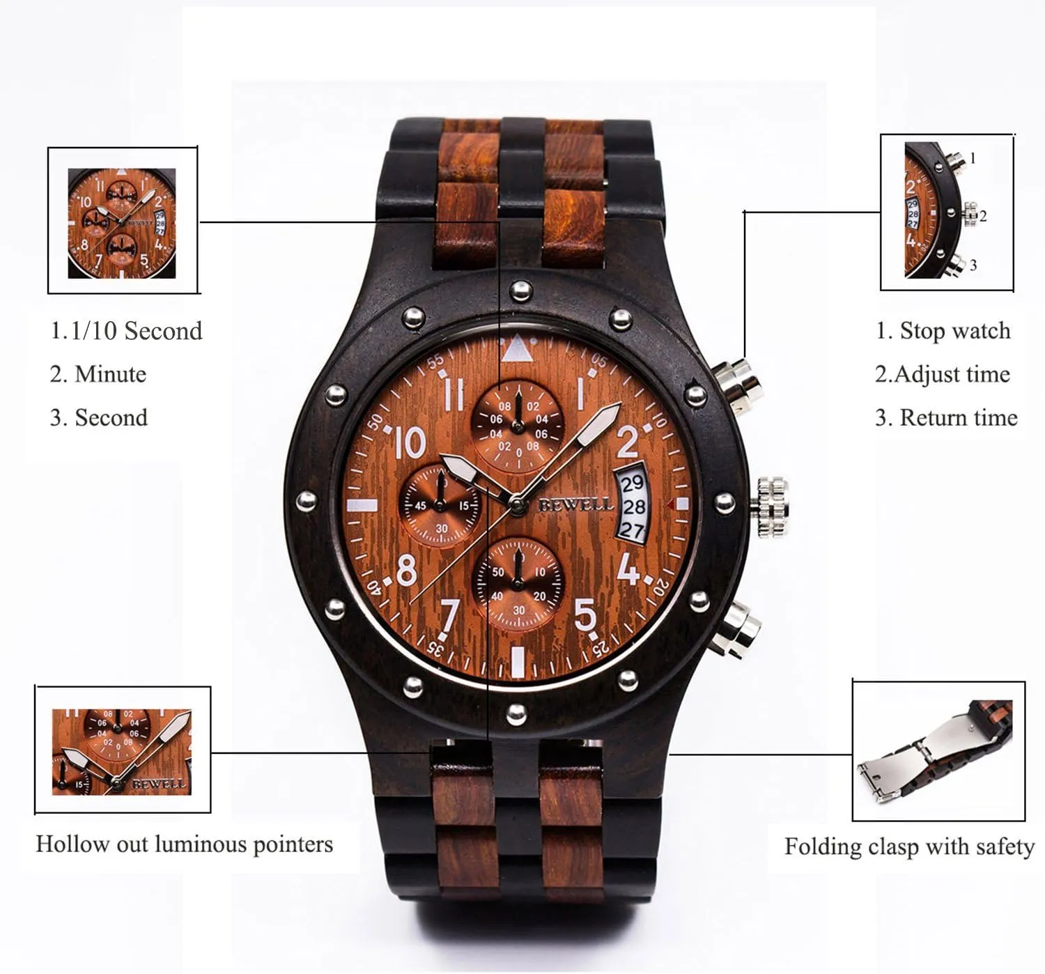 Wooden Watch Quartz Analog Movement Date Wristwatch for Men